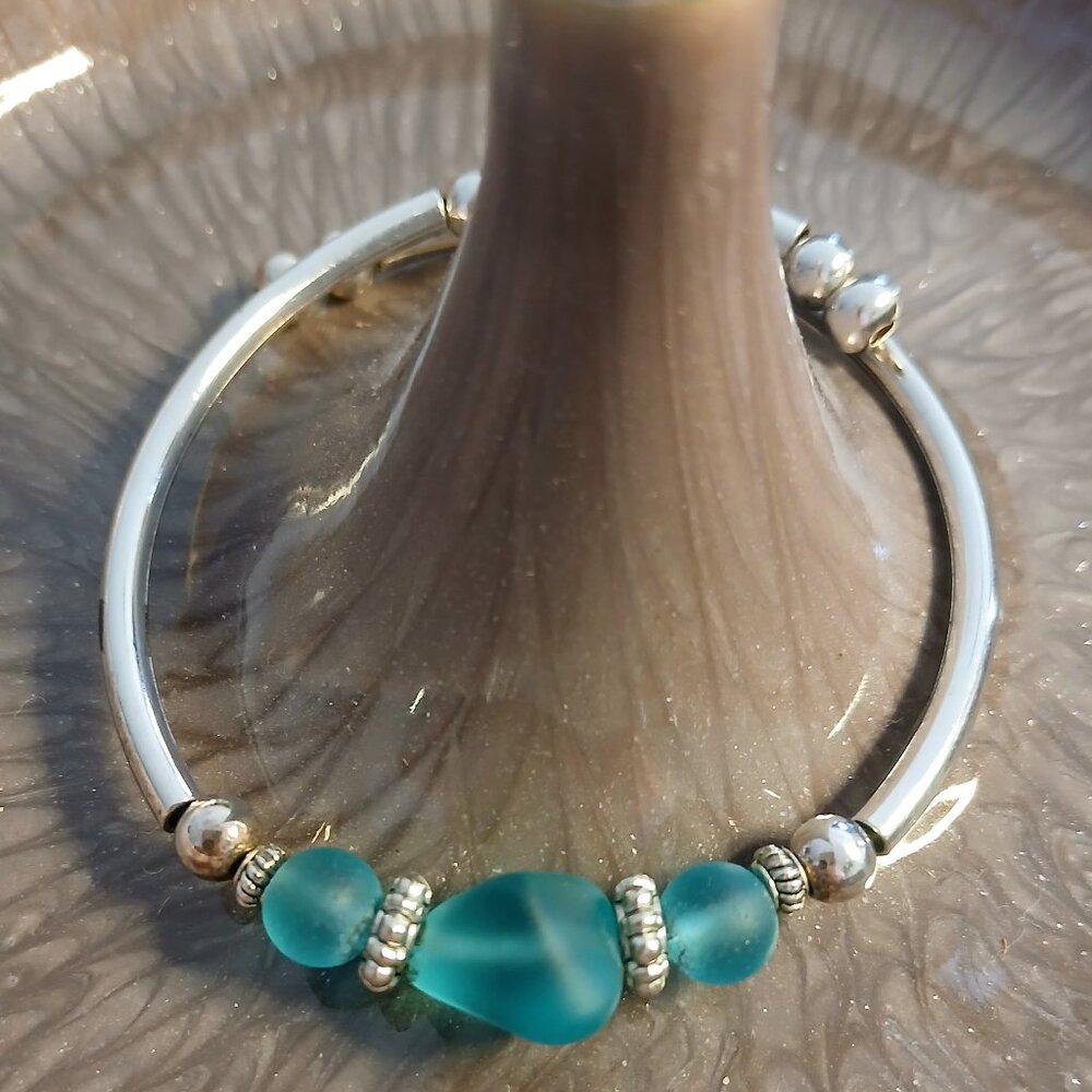 Aqua Sea Glass Silver Plated Bracelet